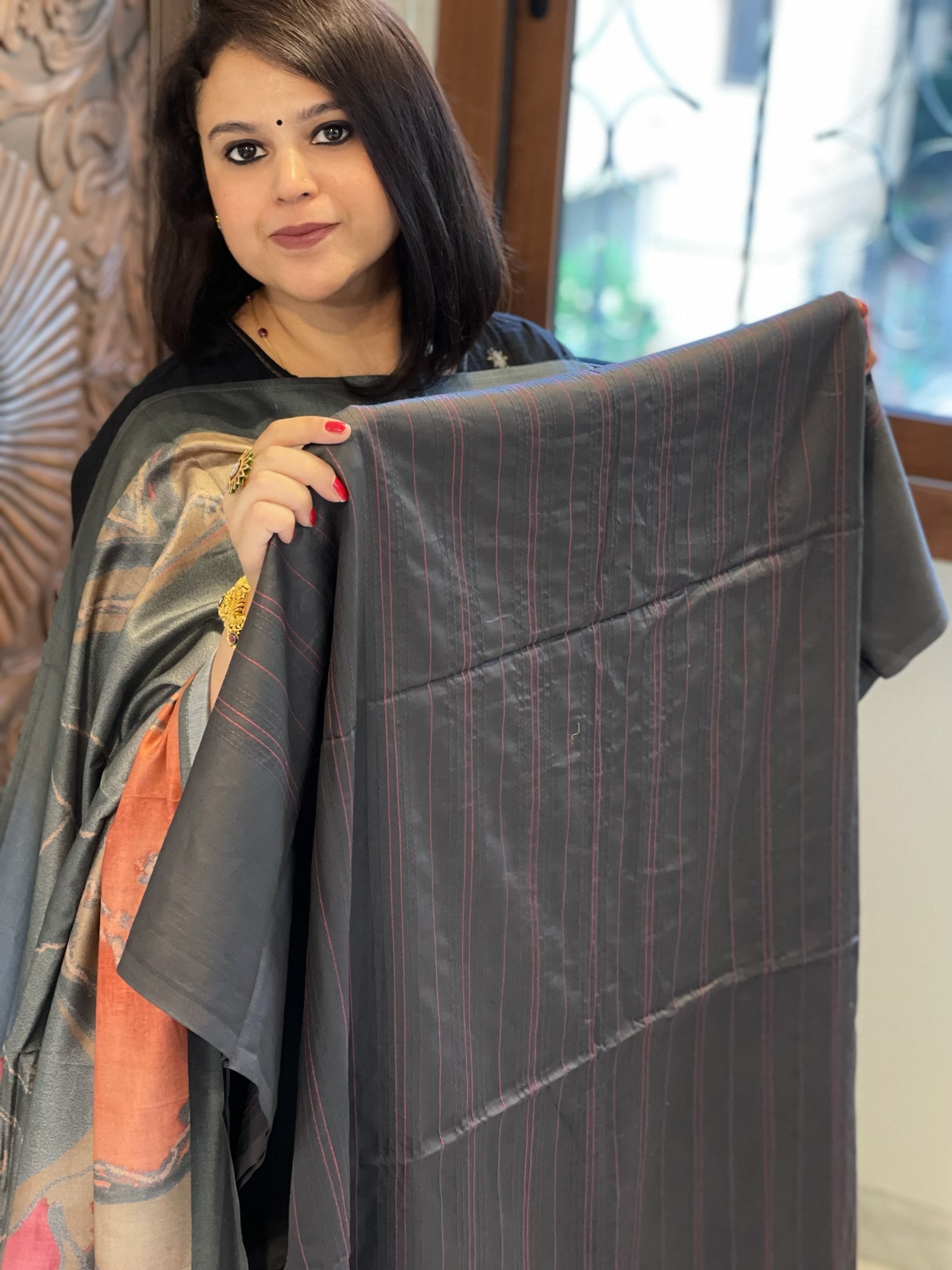 Dark Grey Suit Set with Kantha Stitch Work on Glazed Cotton - Masakalee