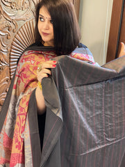 Dark Grey Suit Set with Kantha Stitch Work on Glazed Cotton - Masakalee