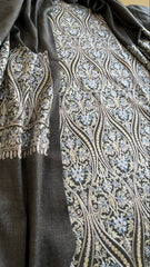Dark Grey Winter Suit Set with Aari Work in Pashmina Wool - Masakalee