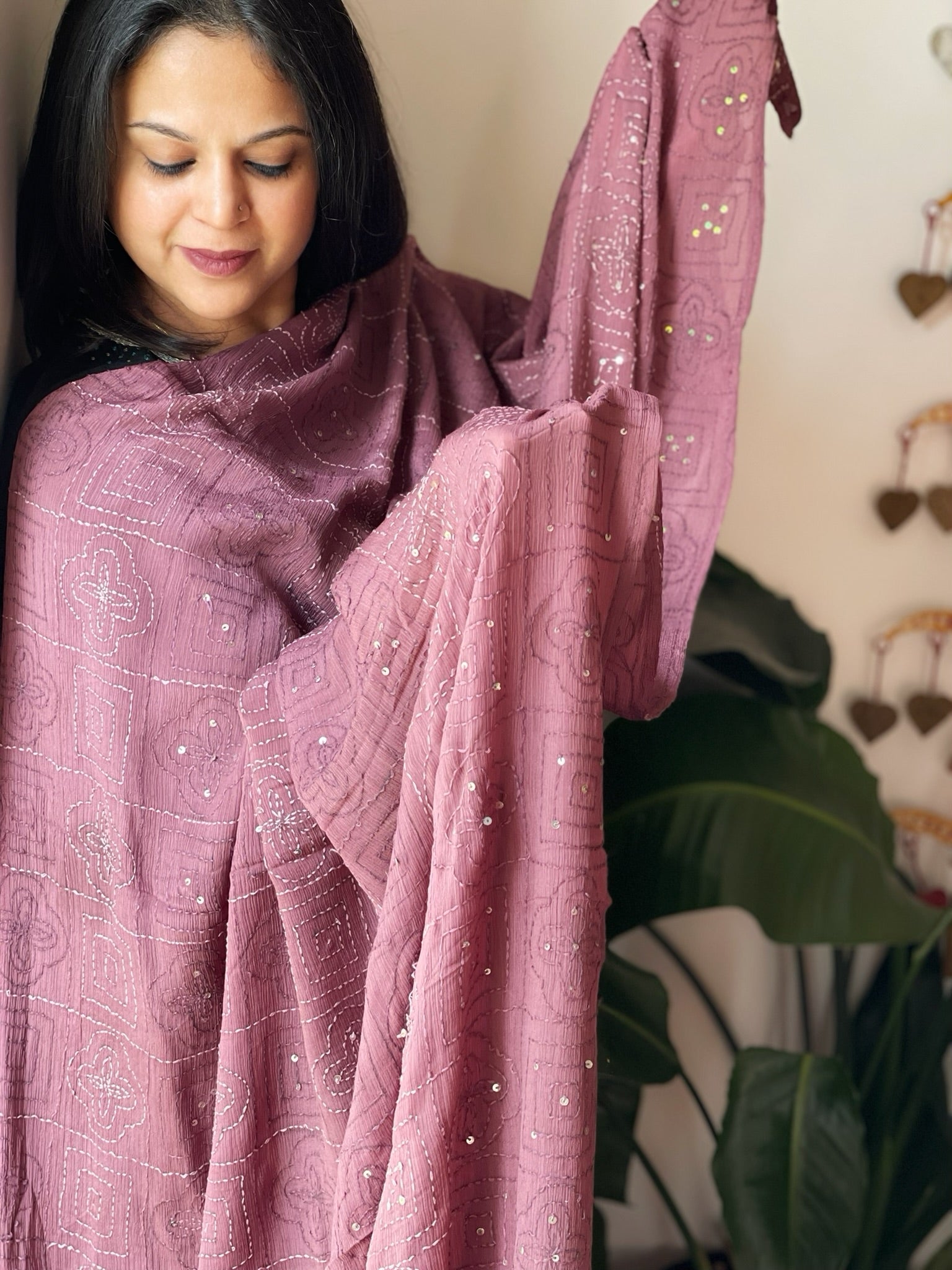 Dark Mauve Hand Embroidered Dupatta in Georgette - Masakalee