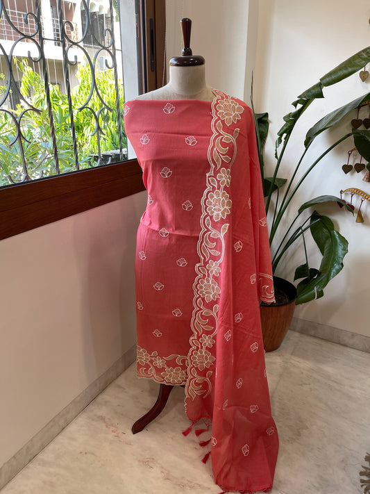 Dark Peach Applique Suit Set in Mul Chanderi - Masakalee