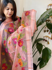 Dark Peach Organza Dupatta with cross - stitch embroidery - Masakalee