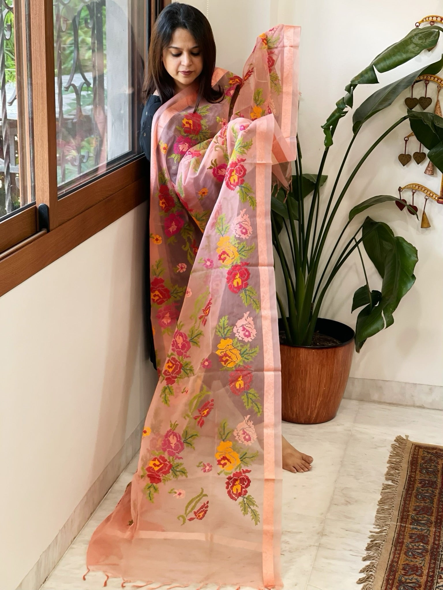 Dark Peach Organza Dupatta with cross - stitch embroidery - Masakalee