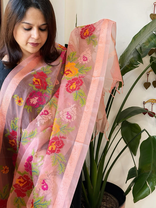 Dark Peach Organza Dupatta with cross - stitch embroidery - Masakalee