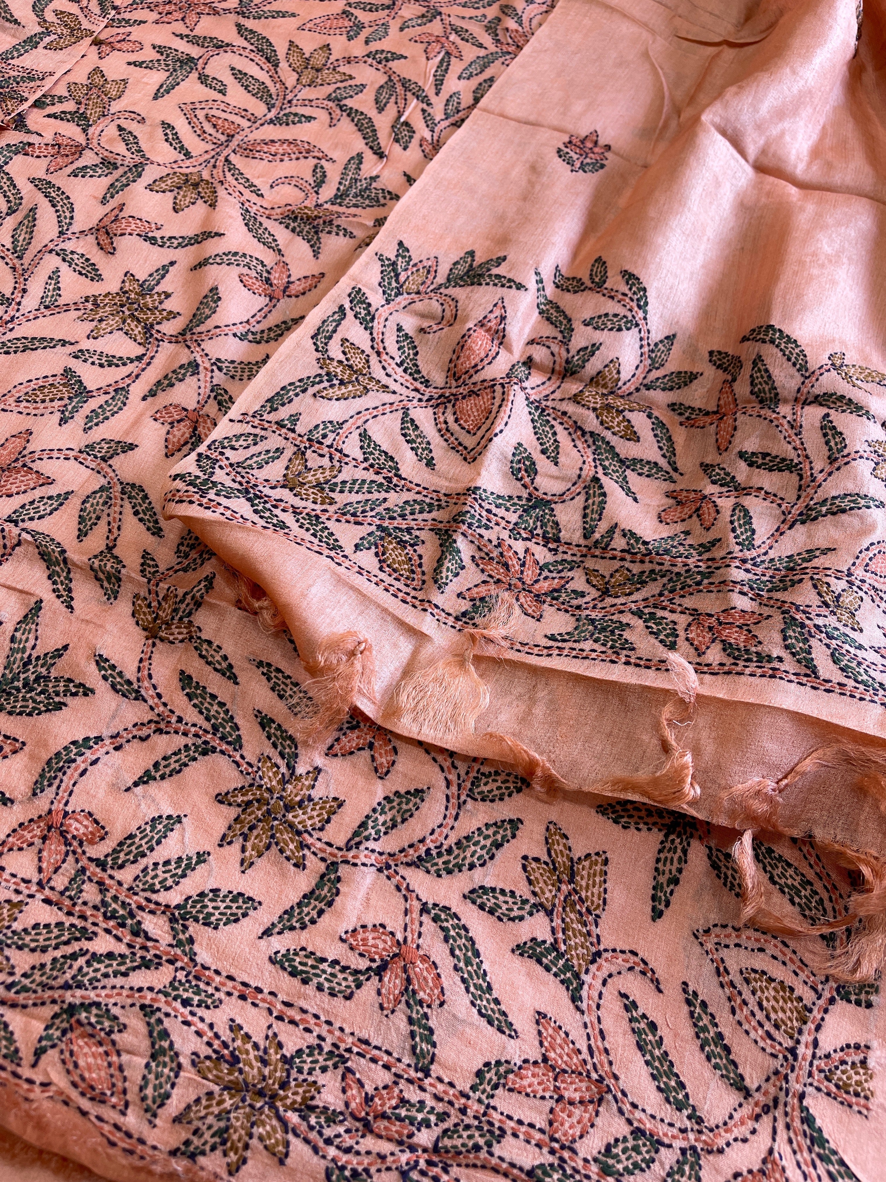 Dark Peach Suit Set with Kantha Handwork in Pure Tussar Silk - Masakalee