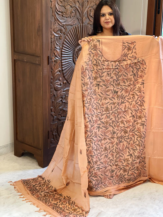 Dark Peach Suit Set with Kantha Handwork in Pure Tussar Silk - Masakalee