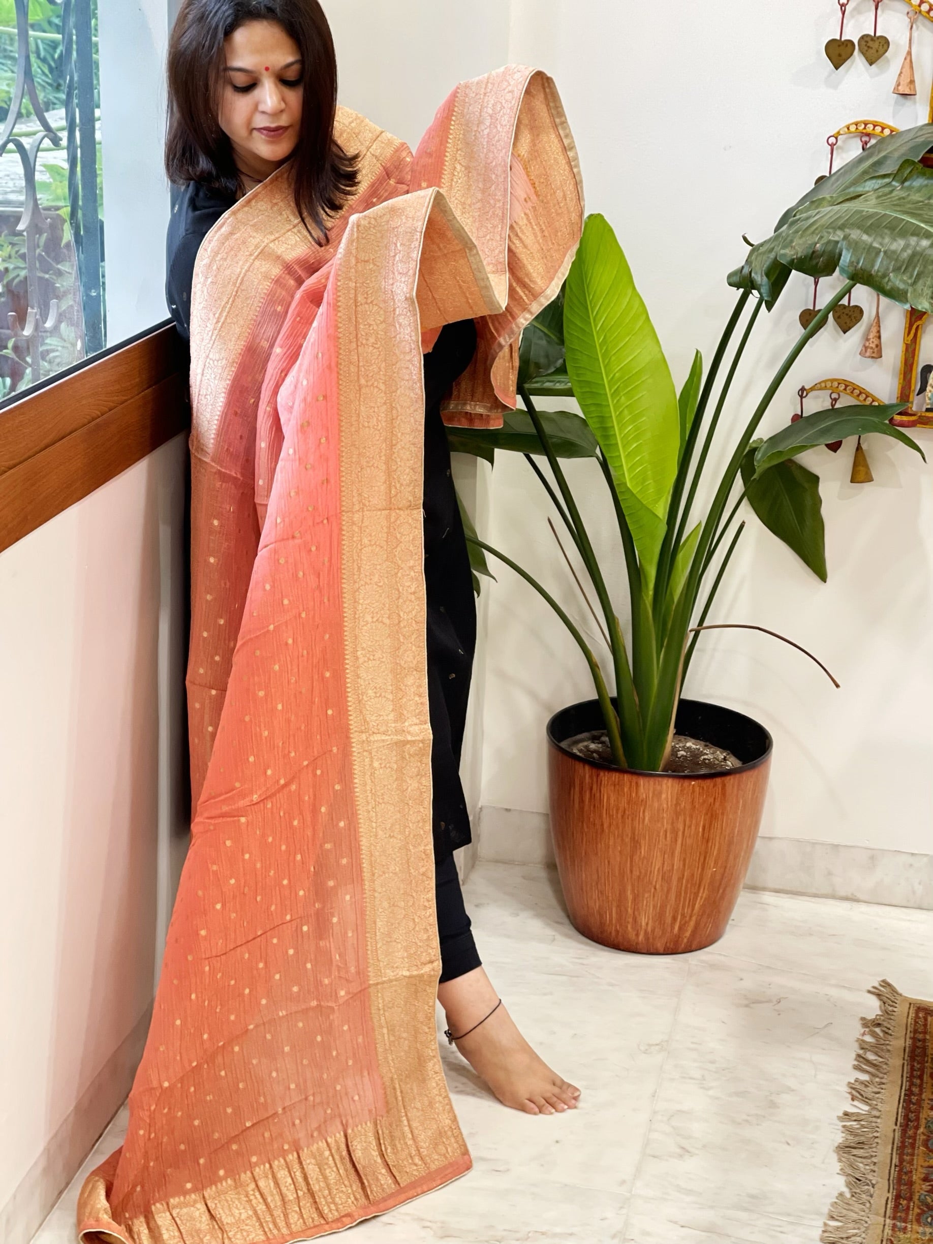Dark Peach Woven Banarasi Dupatta in Tissue - Masakalee