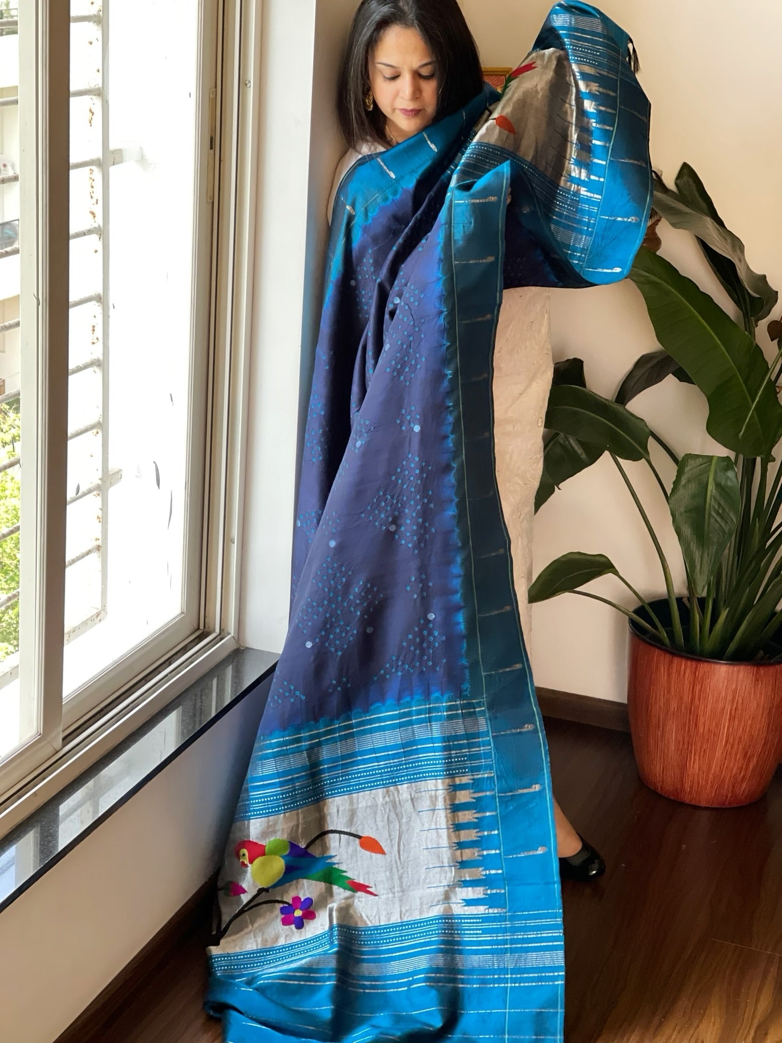 Deep Blue Bandhani with Handwoven Paithani Dupatta in Pure Silk - Masakalee