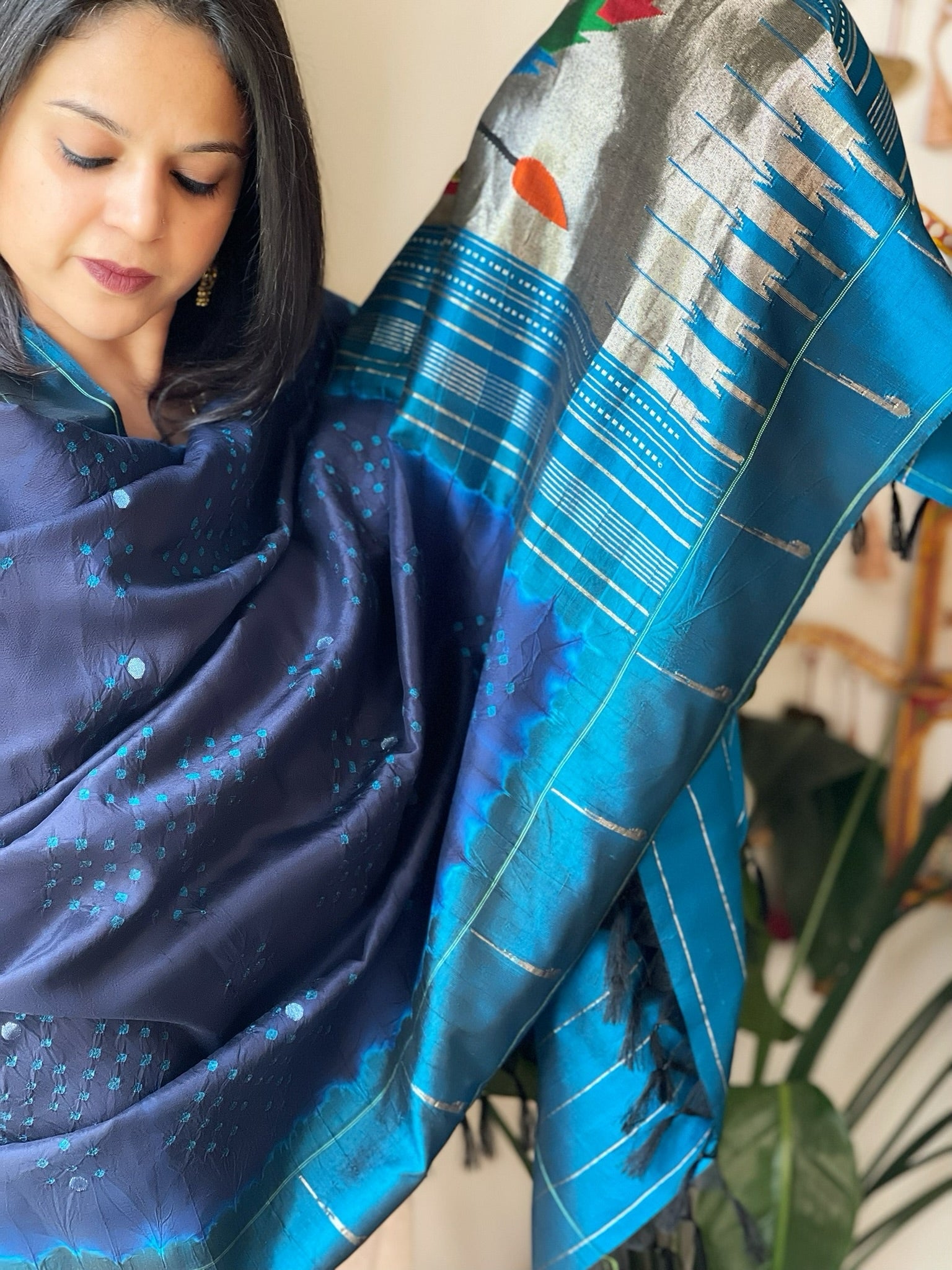 Deep Blue Bandhani with Handwoven Paithani Dupatta in Pure Silk - Masakalee