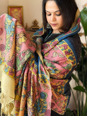 Deep Blue Rai Bandhej Dupatta with Handpainted Kalamkari Pallu in Pure Muga Silk - Masakalee
