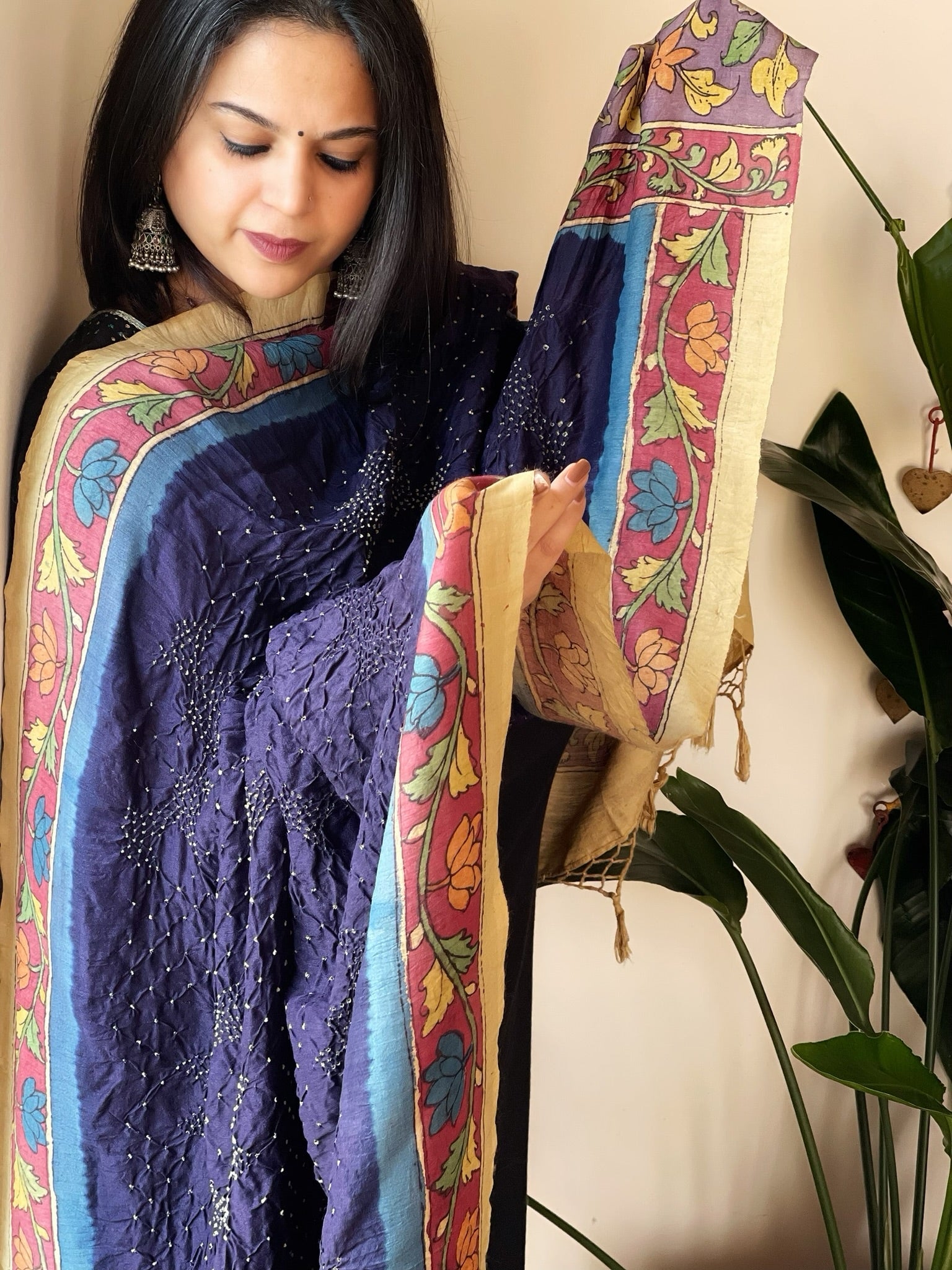 Deep Blue Rai Bandhej Dupatta with Handpainted Kalamkari Pallu in Pure Muga Silk - Masakalee