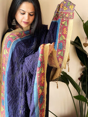 Deep Blue Rai Bandhej Dupatta with Handpainted Kalamkari Pallu in Pure Muga Silk - Masakalee