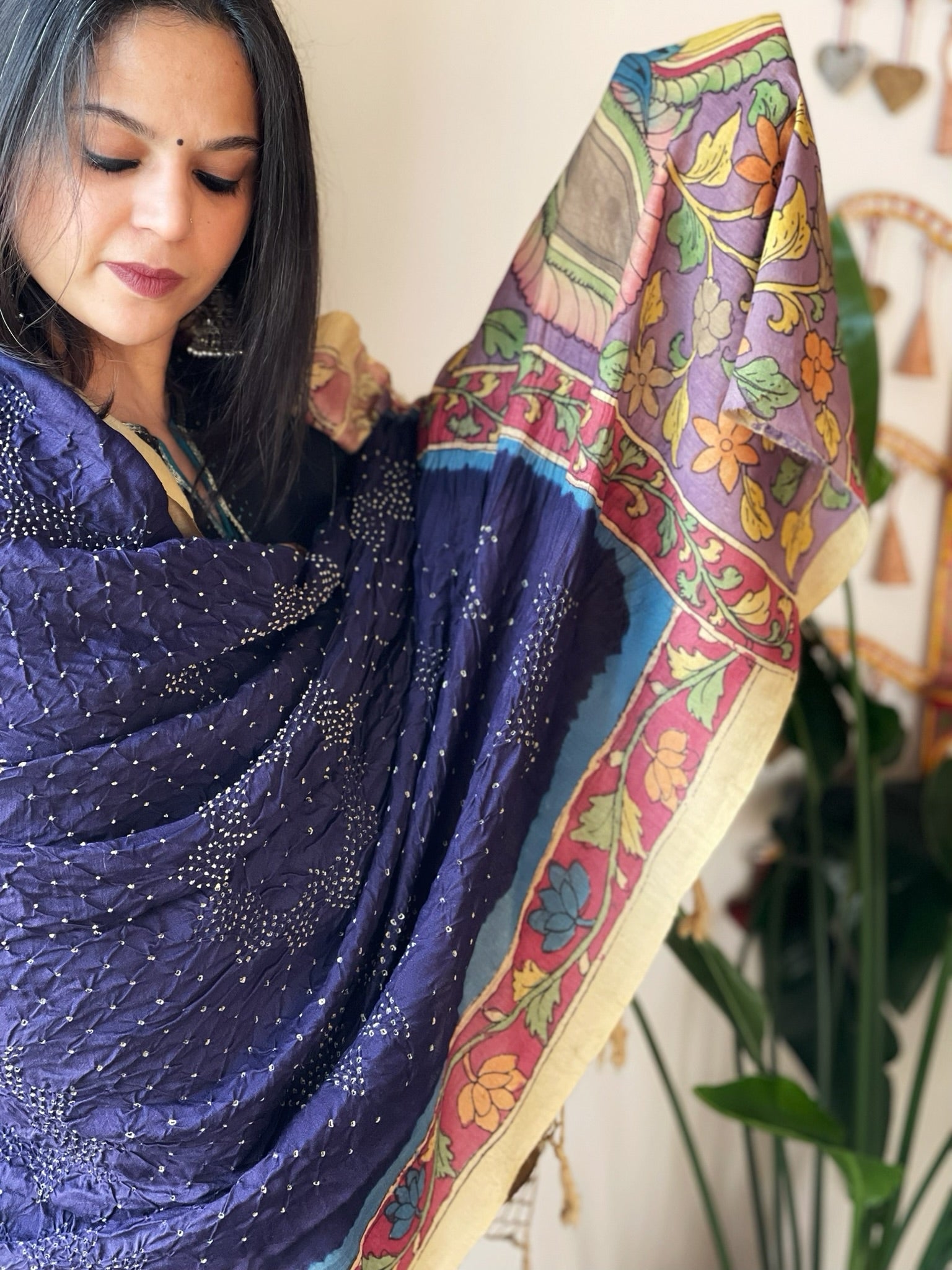Deep Blue Rai Bandhej Dupatta with Handpainted Kalamkari Pallu in Pure Muga Silk - Masakalee