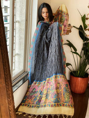 Deep Blue Rai Bandhej Dupatta with Handpainted Kalamkari Pallu in Pure Muga Silk - Masakalee