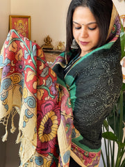Deep Green Rai Bandhej Dupatta with Handpainted Kalamkari Pallu in Pure Muga Silk - Masakalee