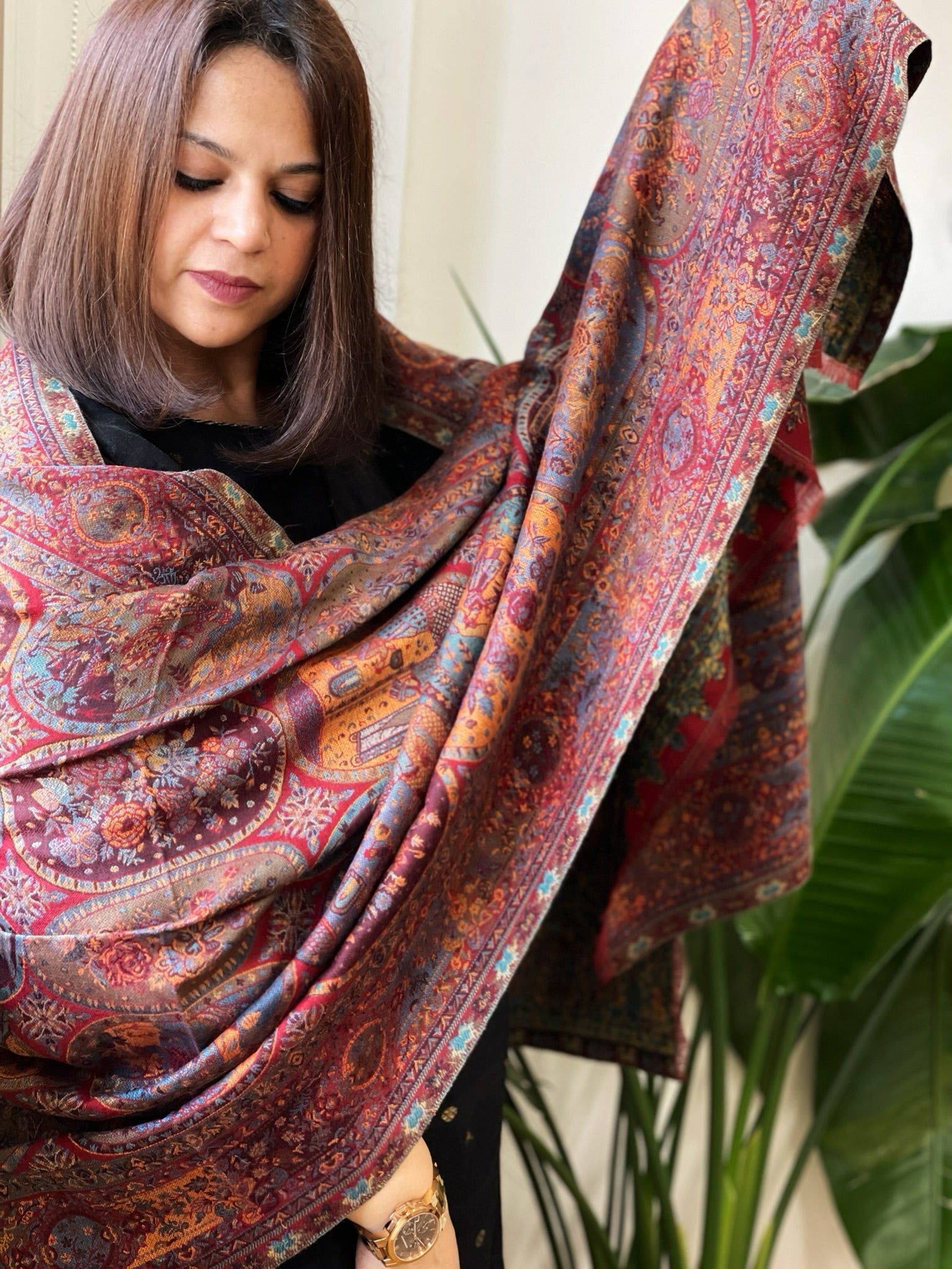 Deep Maroon Woven Kaani Jaal Pashmina Stole - Masakalee