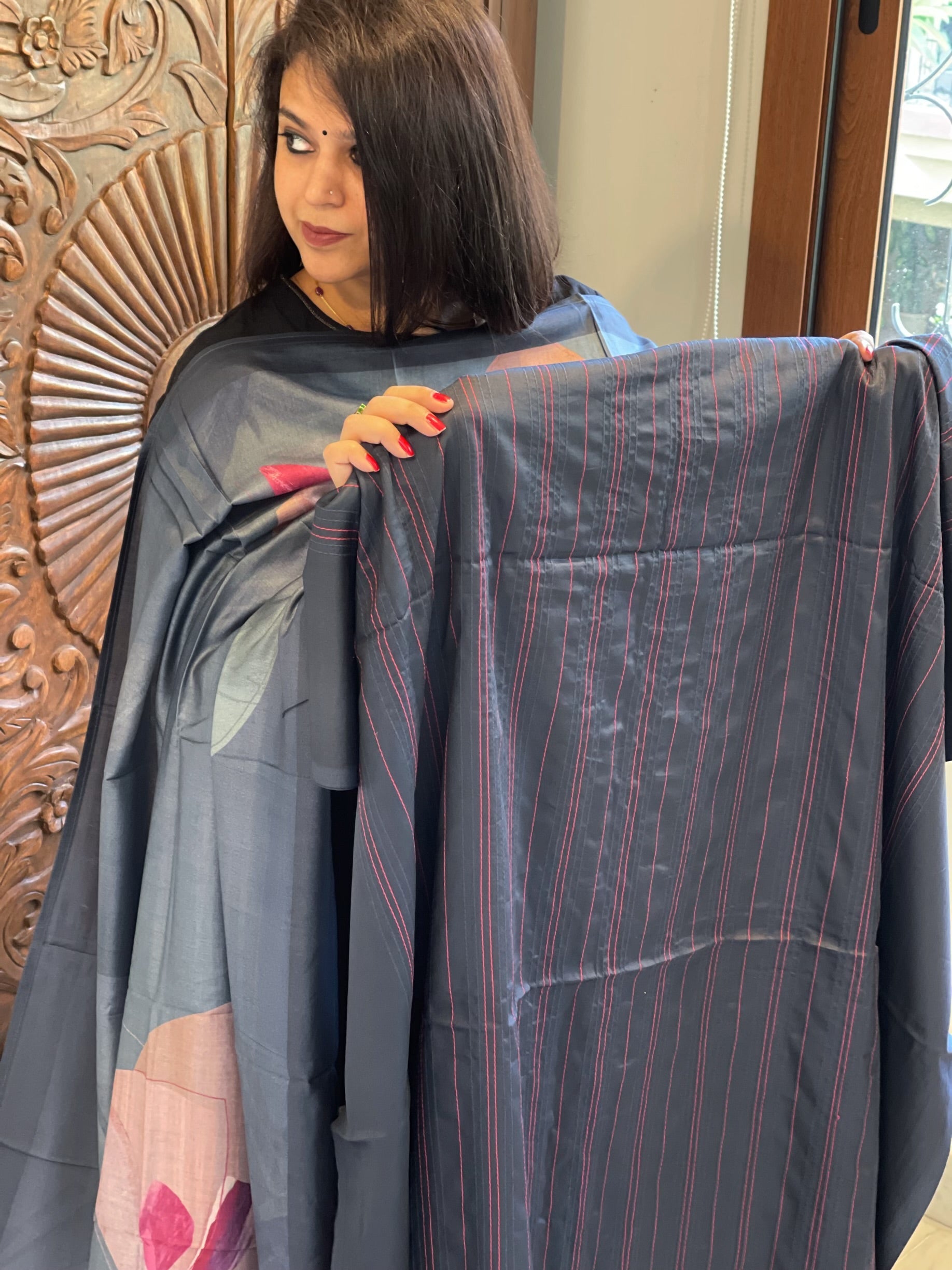 Deep Navy Suit Set with Kantha Stitch Work on Glazed Cotton - Masakalee