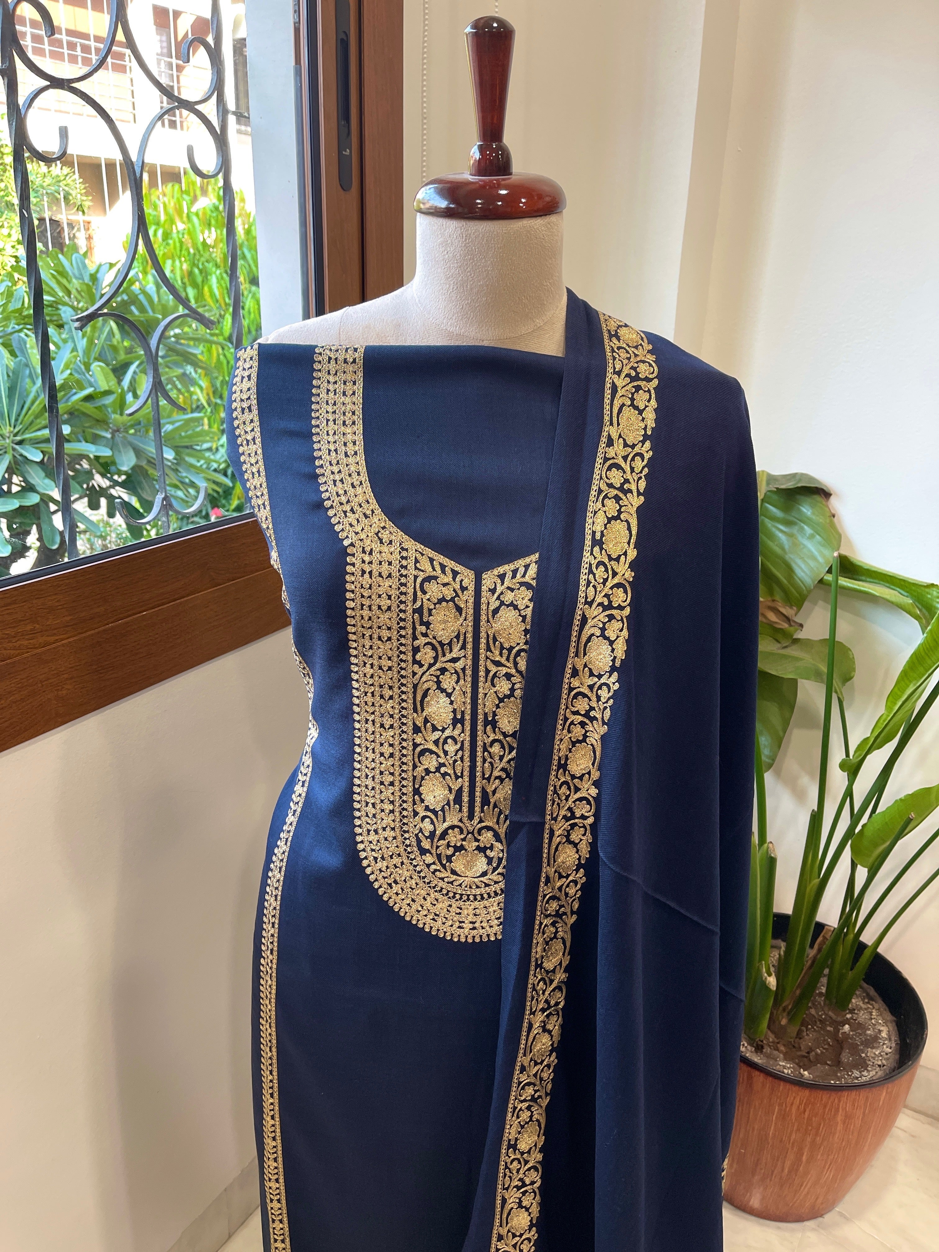 Deep Navy Winter Suit Set with Aari Work in Pashmina Wool - Masakalee