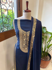 Deep Navy Winter Suit Set with Aari Work in Pashmina Wool - Masakalee