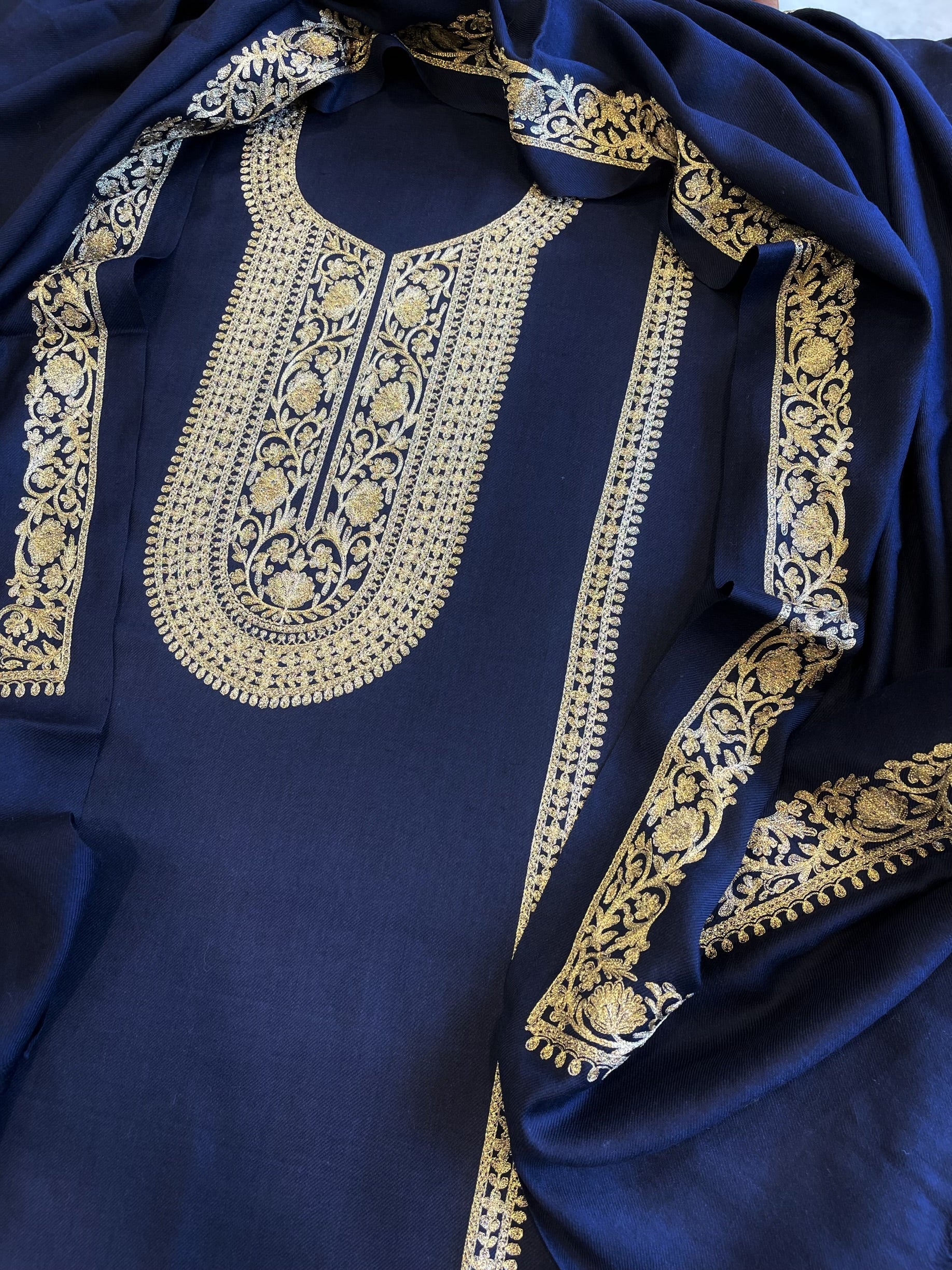 Deep Navy Winter Suit Set with Aari Work in Pashmina Wool - Masakalee