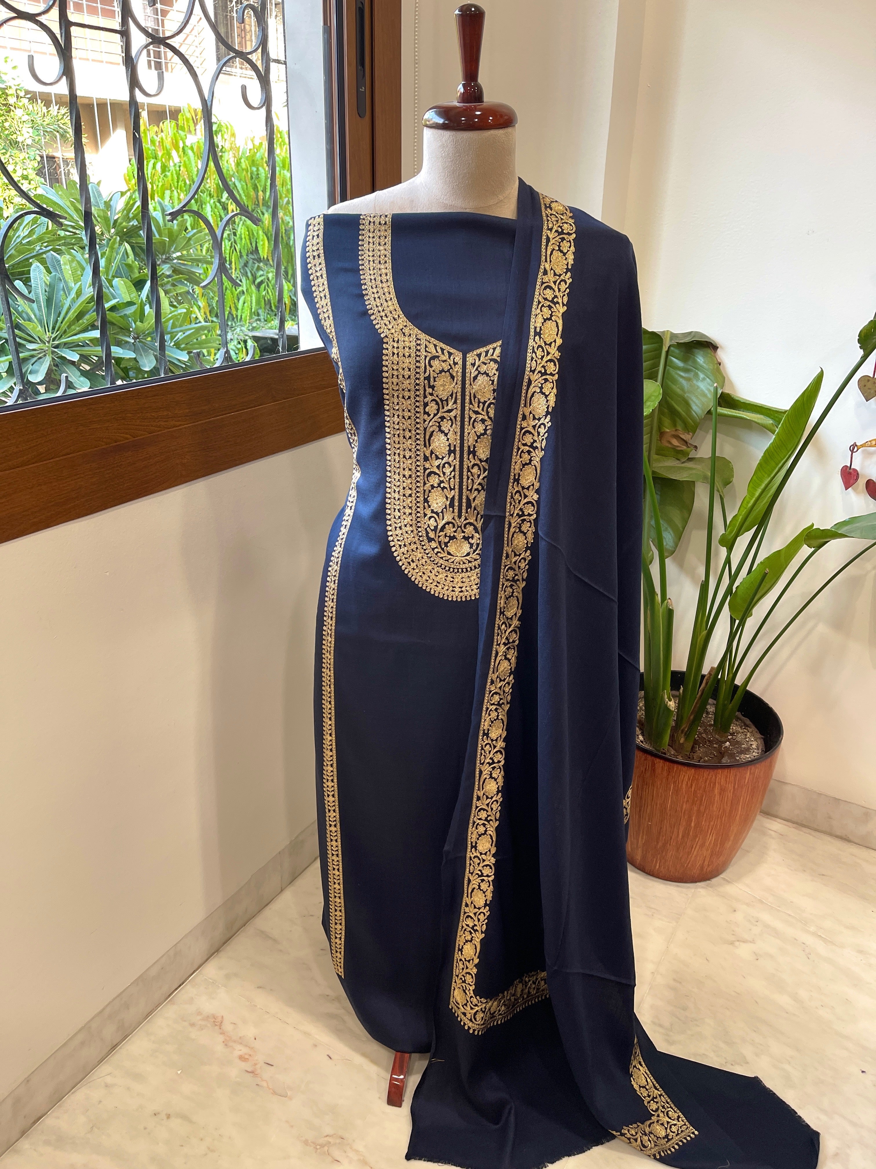 Deep Navy Winter Suit Set with Aari Work in Pashmina Wool - Masakalee