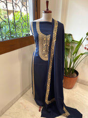 Deep Navy Winter Suit Set with Aari Work in Pashmina Wool - Masakalee