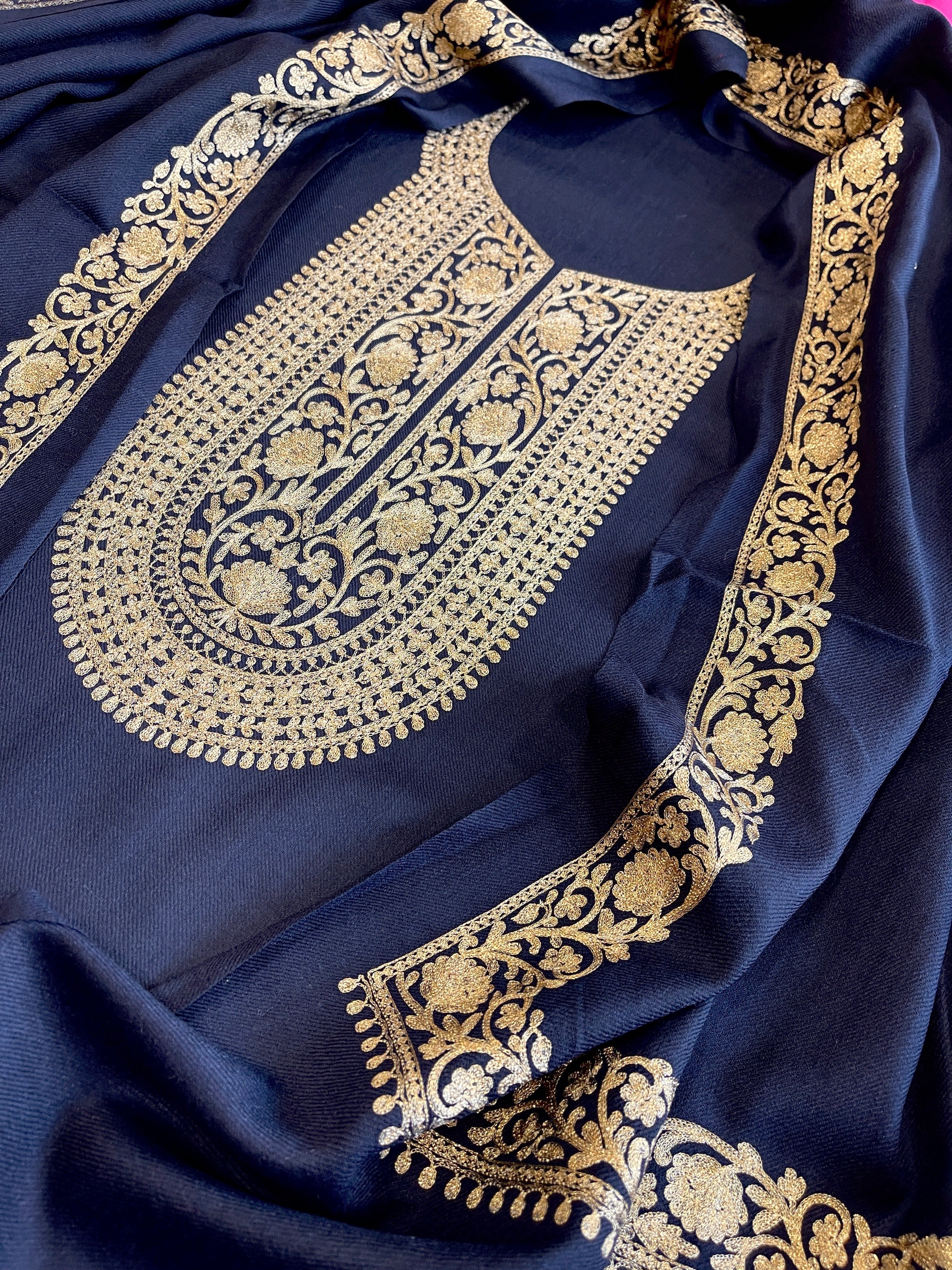 Deep Navy Winter Suit Set with Aari Work in Pashmina Wool - Masakalee