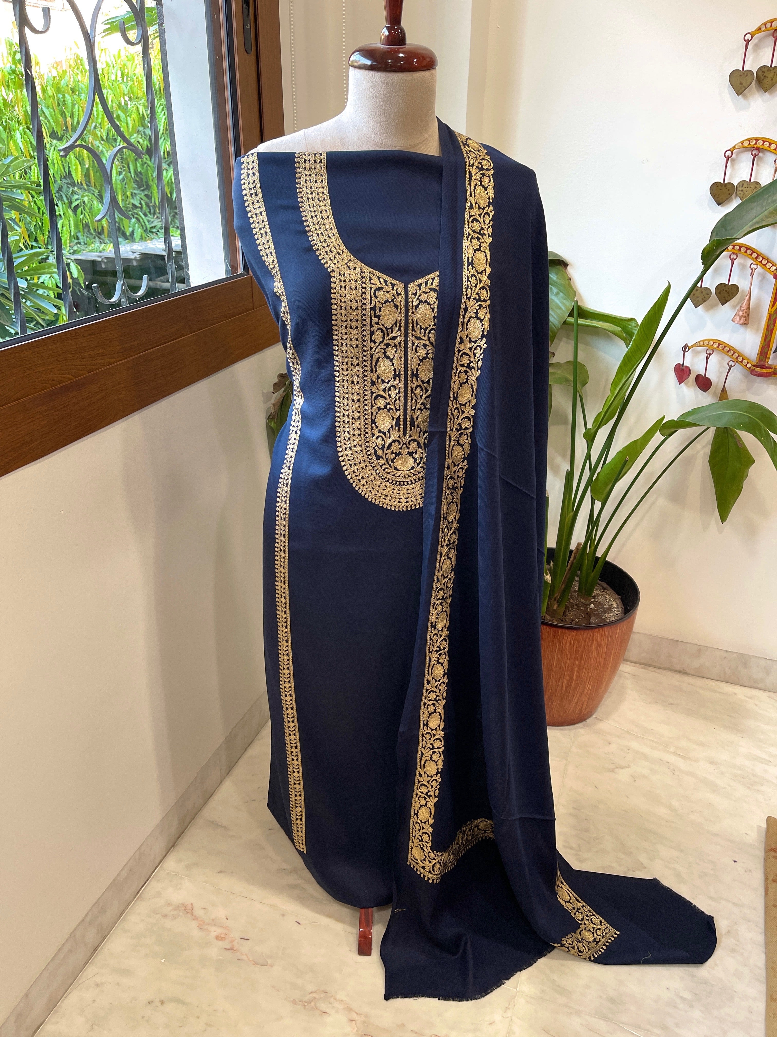 Deep Navy Winter Suit Set with Aari Work in Pashmina Wool - Masakalee