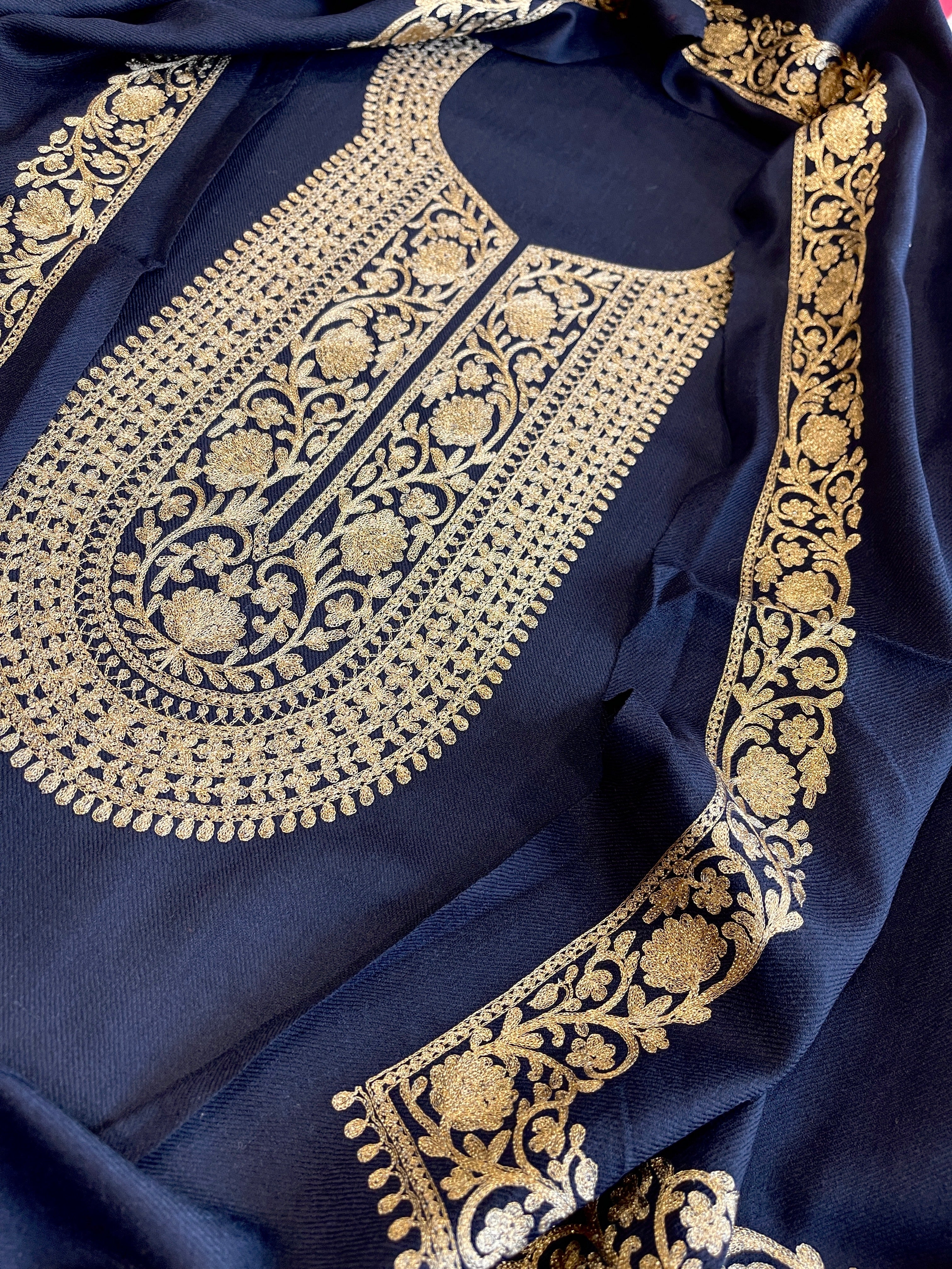 Deep Navy Winter Suit Set with Aari Work in Pashmina Wool - Masakalee