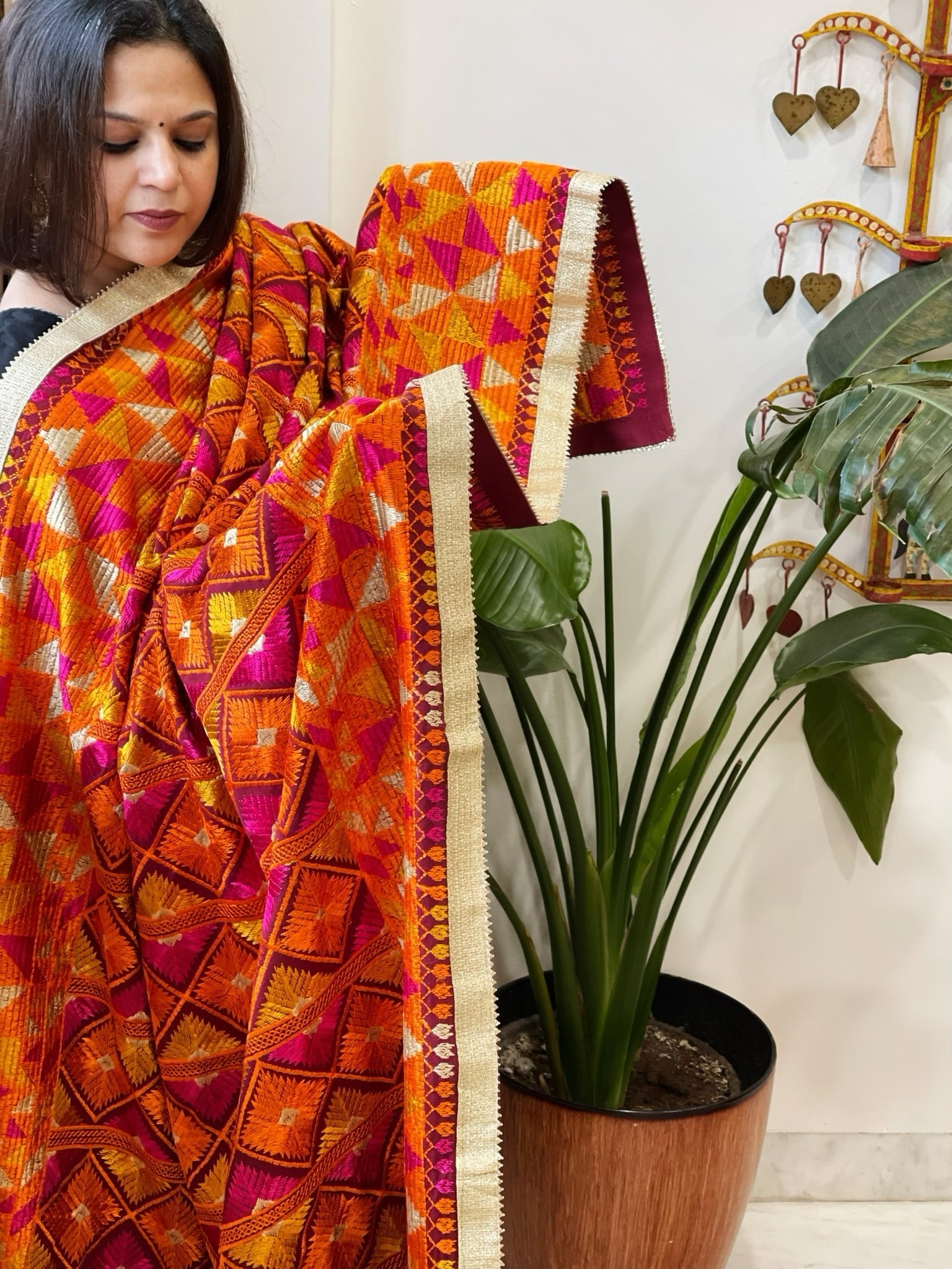 Deep Red Designer Phulkari Dupatta in Khaddar Cotton - Masakalee