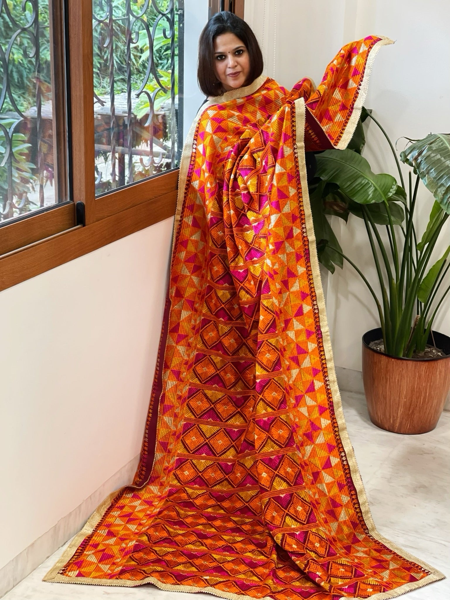 Deep Red Designer Phulkari Dupatta in Khaddar Cotton - Masakalee
