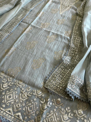 Dull Green Gota Applique Suit Set in Pure Mul Chanderi - Masakalee