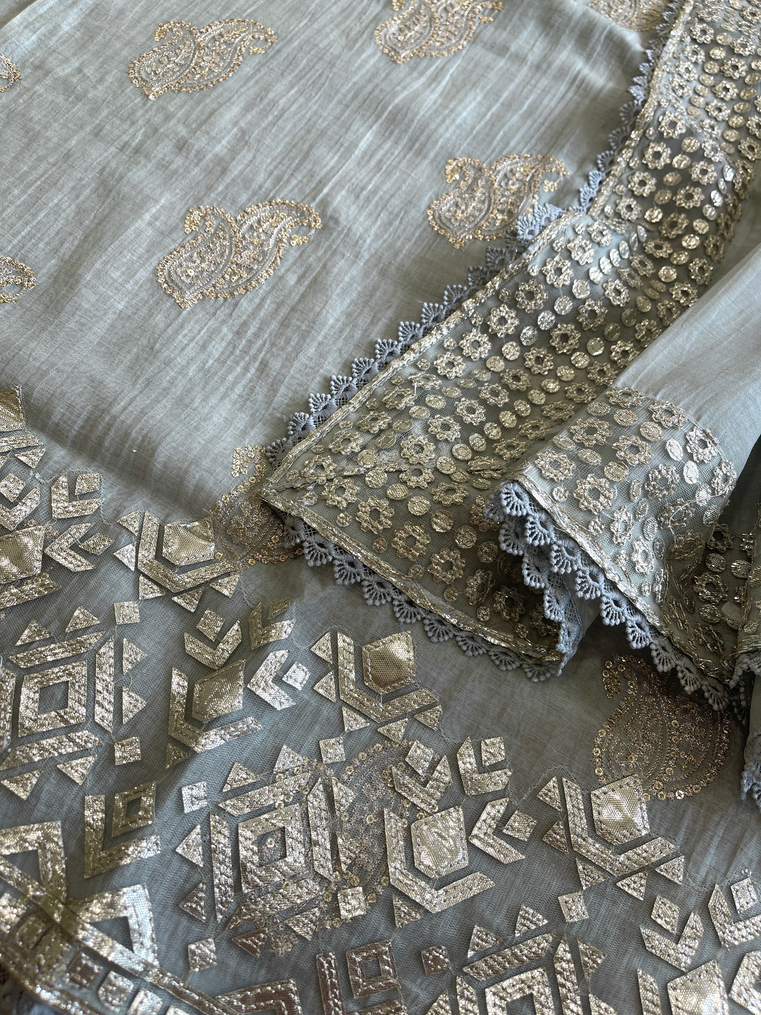 Dull Green Gota Applique Suit Set in Pure Mul Chanderi - Masakalee