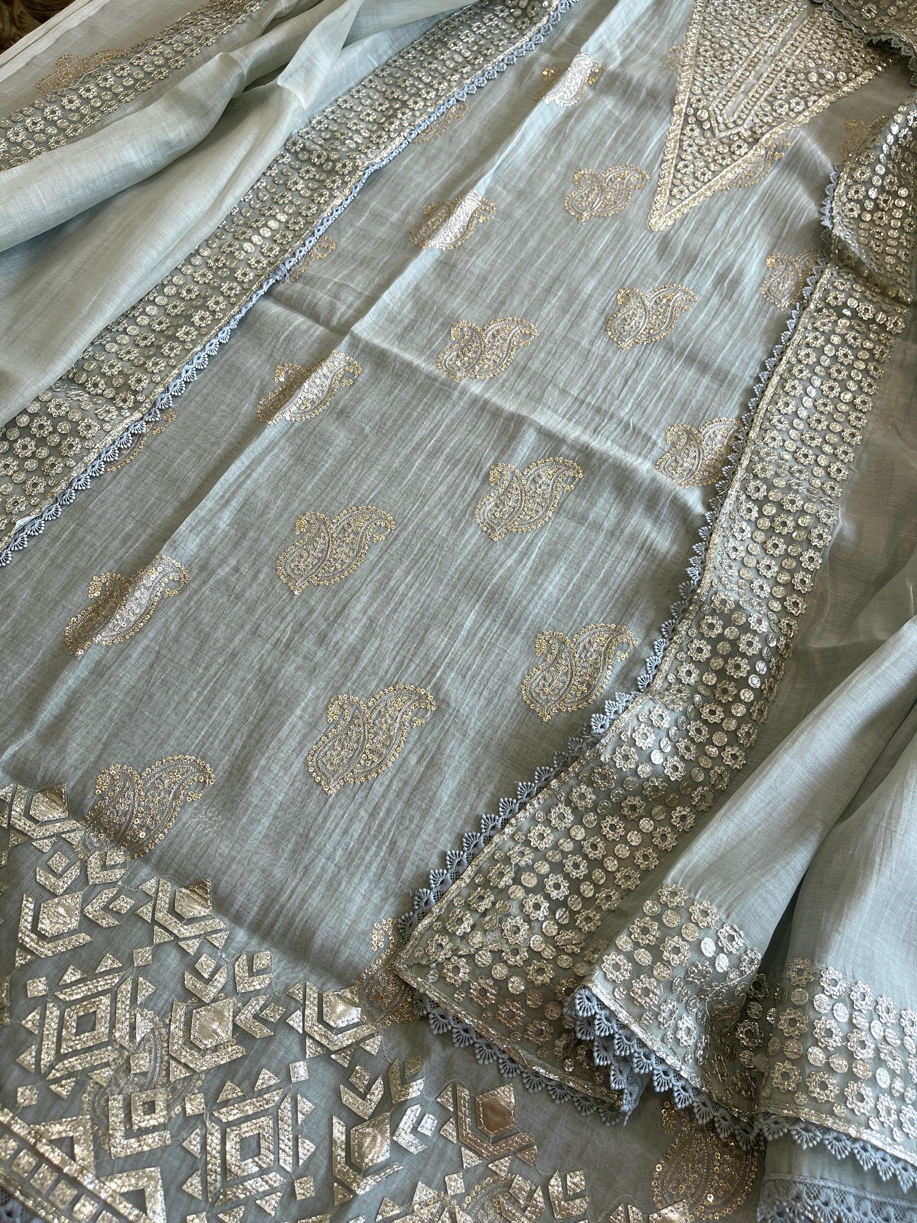 Dull Green Gota Applique Suit Set in Pure Mul Chanderi - Masakalee