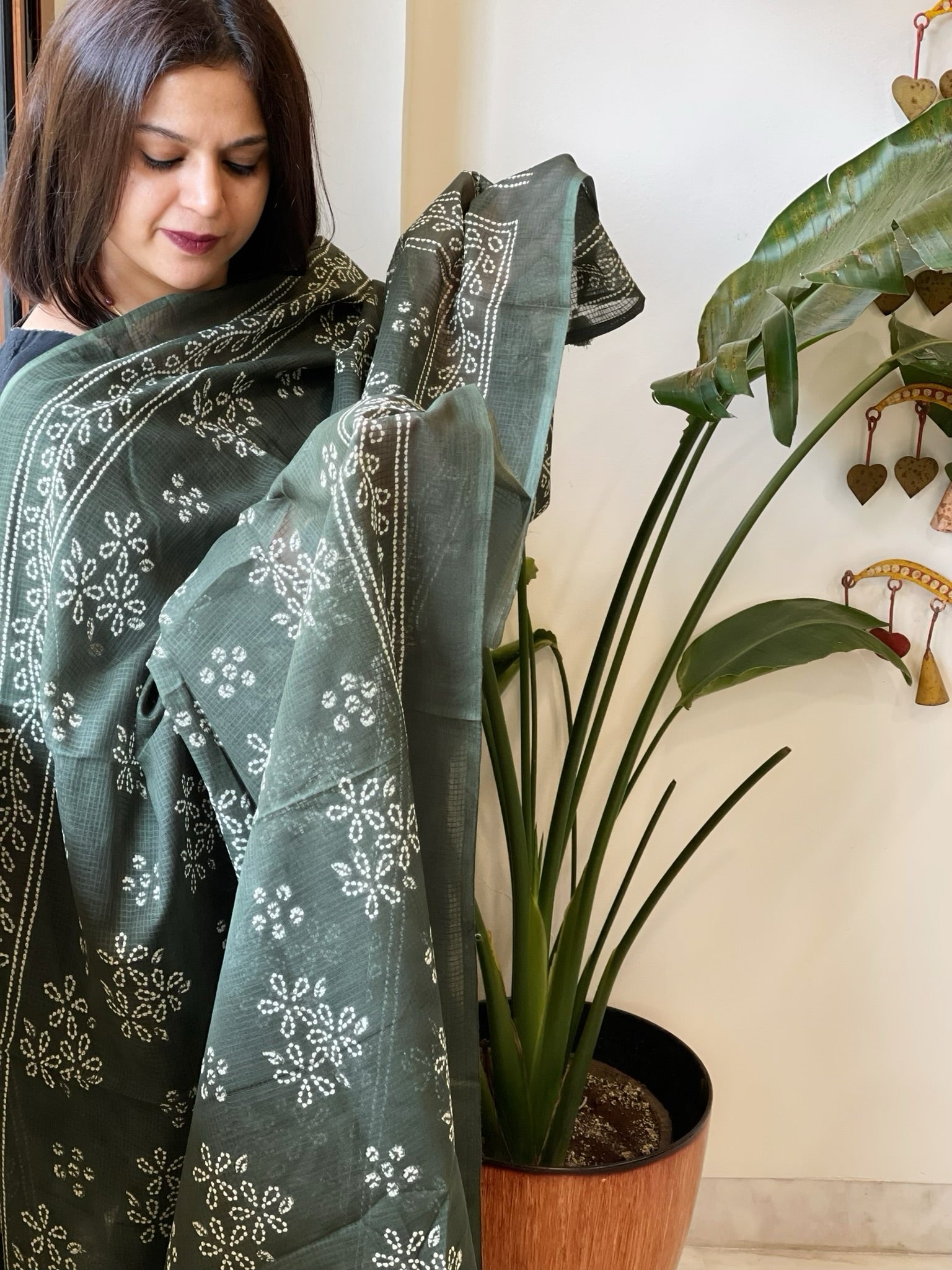 Dull Green Kota Cotton Handblock Printed Dupatta - Masakalee