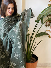 Dull Green Kota Cotton Handblock Printed Dupatta - Masakalee