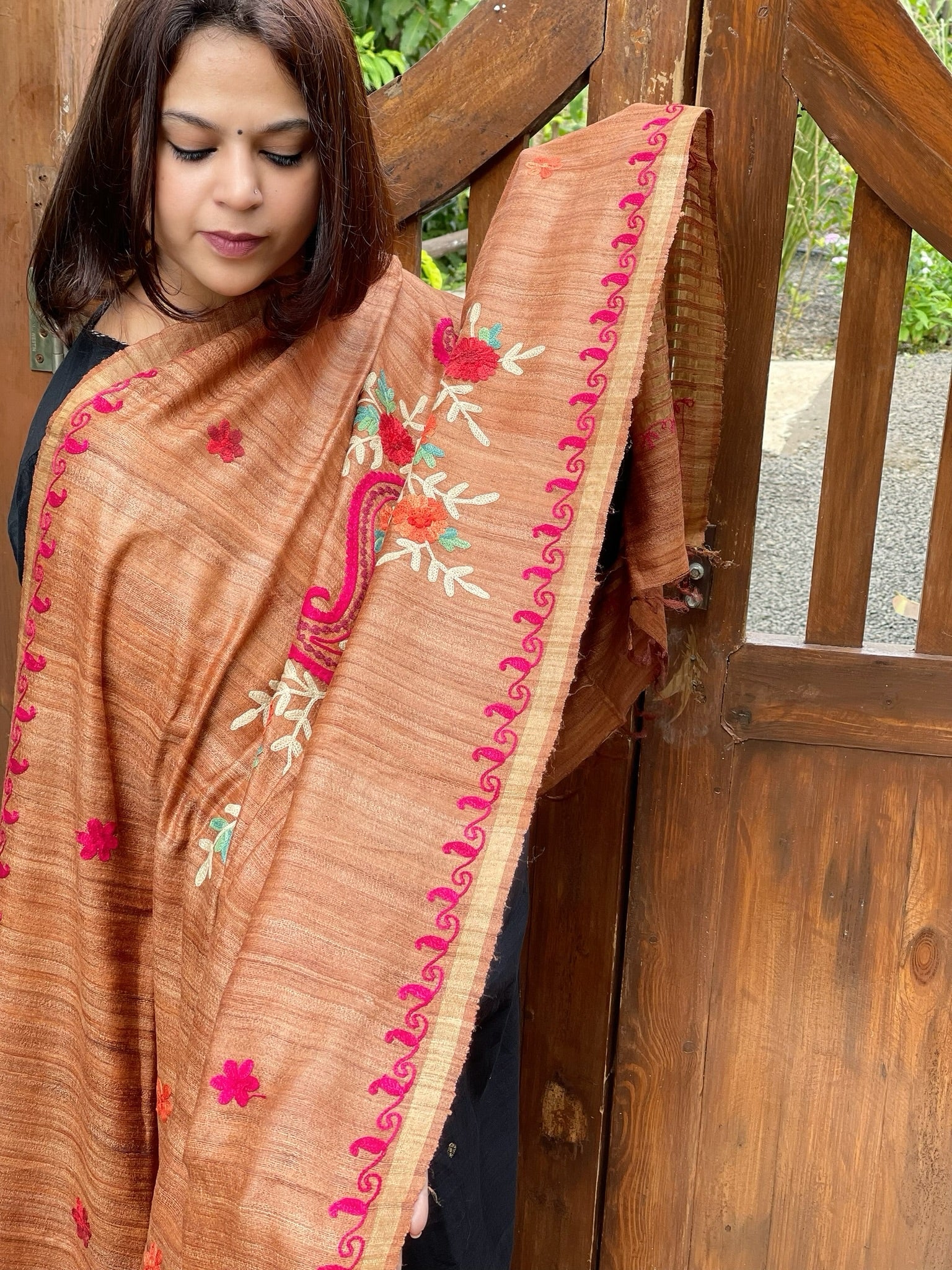 Dull Orange Kashmiri Aari Embroidered Dupatta in Geecha Silk - Masakalee