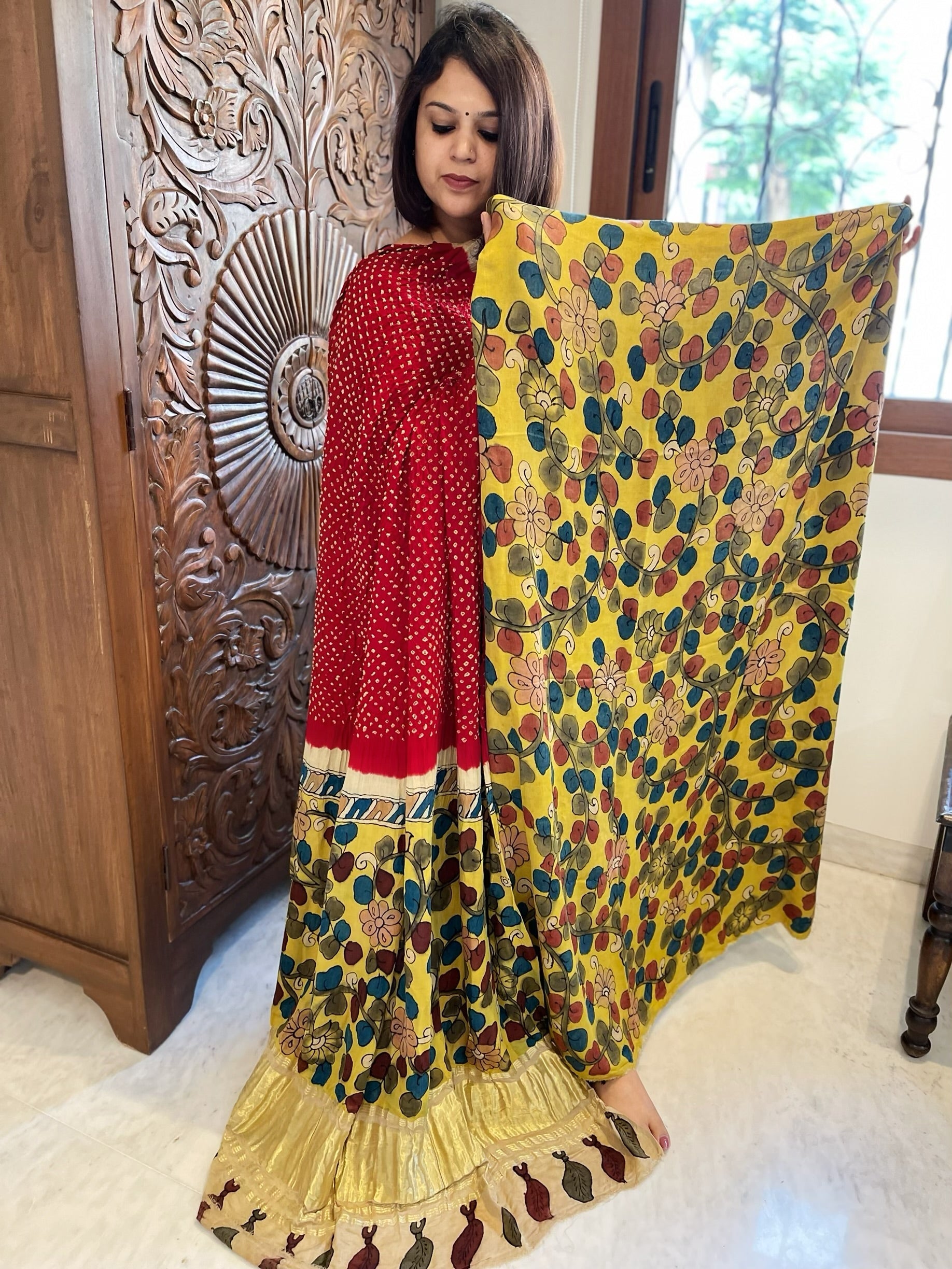 Dupatta Set (Kurta+Dupatta) with Handpainted Kalamkari and Handmade Bandhani in Pure Gajji Silk - Masakalee
