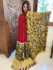Dupatta Set (Kurta+Dupatta) with Handpainted Kalamkari and Handmade Bandhani in Pure Gajji Silk - Masakalee