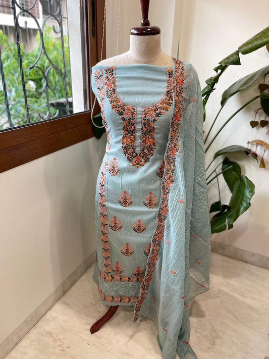 Dusty Aqua Suit Set with Thread Embroidery in Mul Chanderi - Masakalee