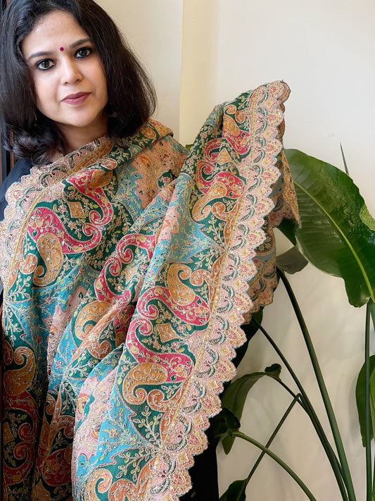 Dusty Blue Chinon Dupatta with Gold Thread & Aari Embroidery - Masakalee
