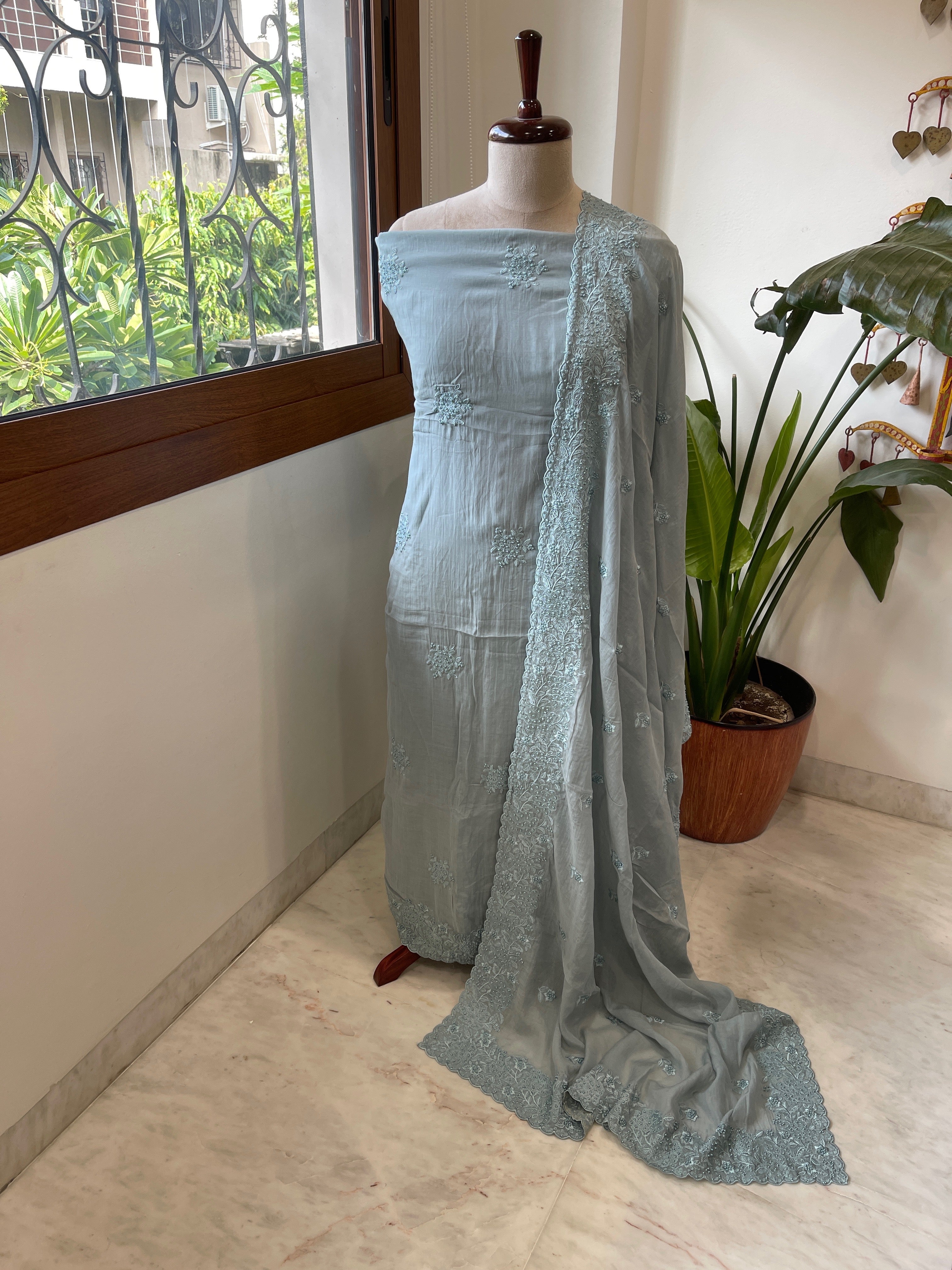 Dusty Blue Suit Set with Pearl and Thread Embroidery in Mul Chanderi - Masakalee
