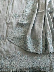 Dusty Blue Suit Set with Pearl and Thread Embroidery in Mul Chanderi - Masakalee