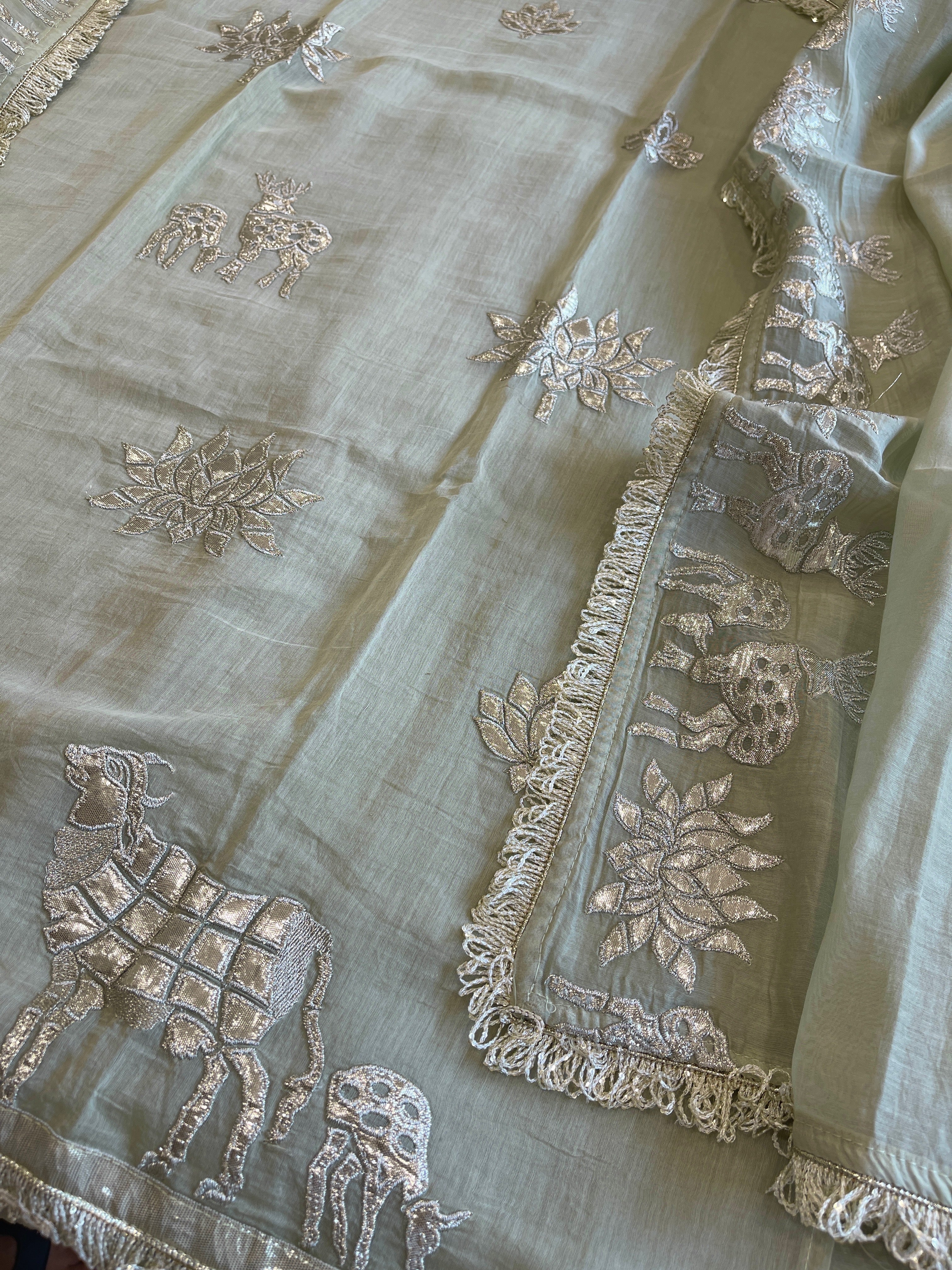 Dusty Green Gota Applique Suit Set in Pure Mul Chanderi - Masakalee