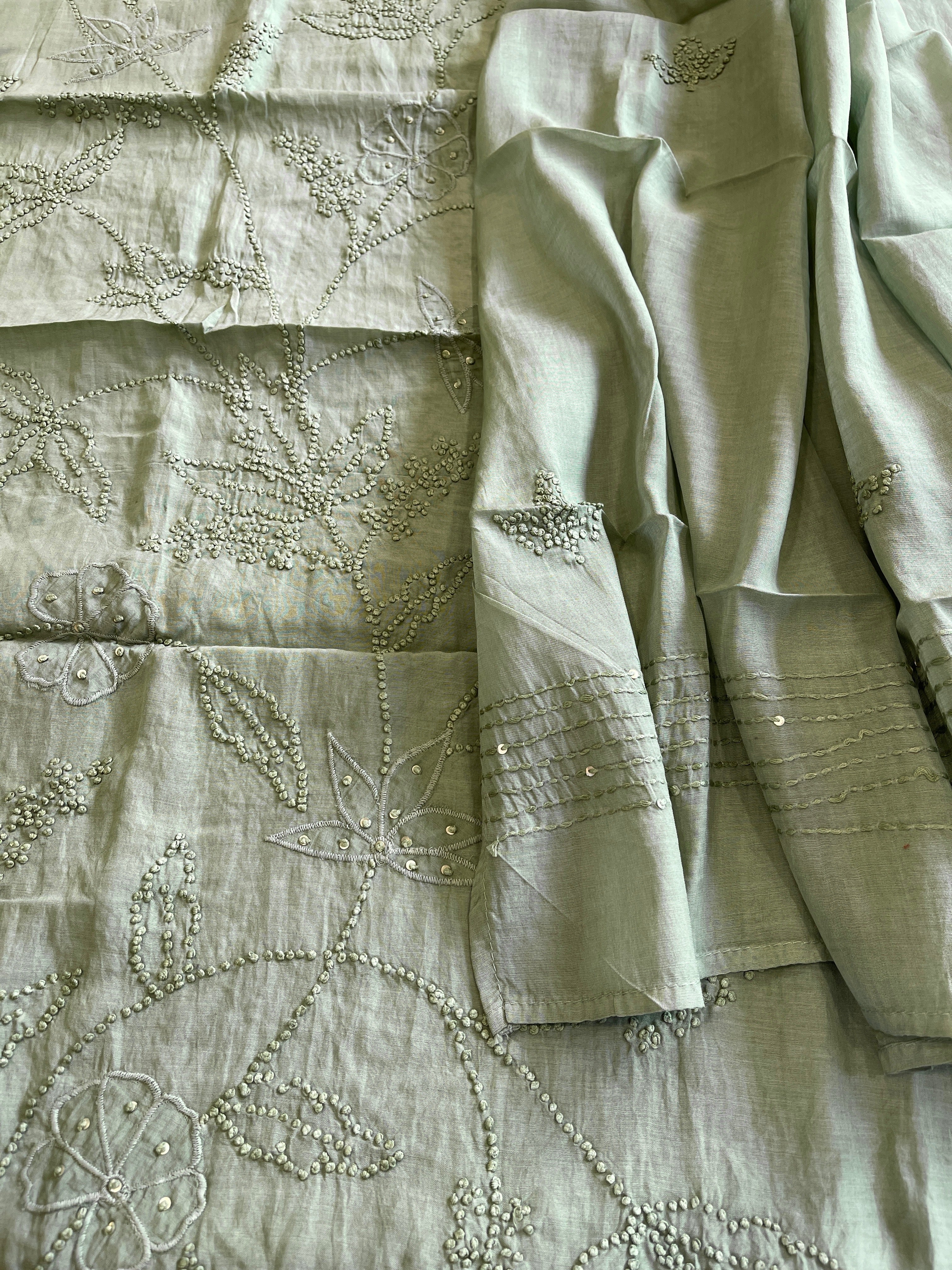 Dusty Green Mul chanderi Suit Set With Knot & Sequin Handwork - Masakalee