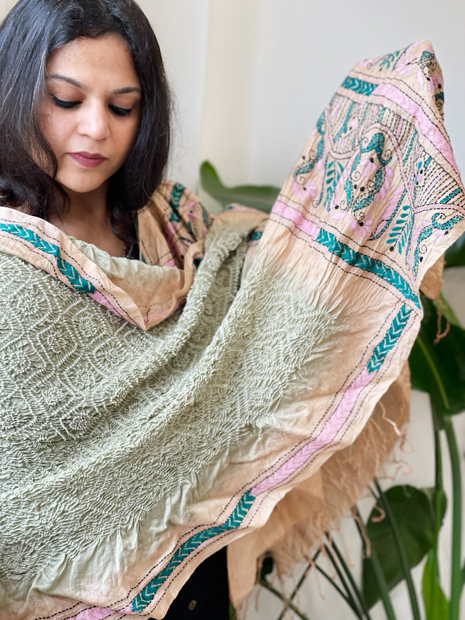 Dusty Green Rai Bandhej Dupatta with Kantha Handwork in Pure Munga Tussar Silk - Masakalee