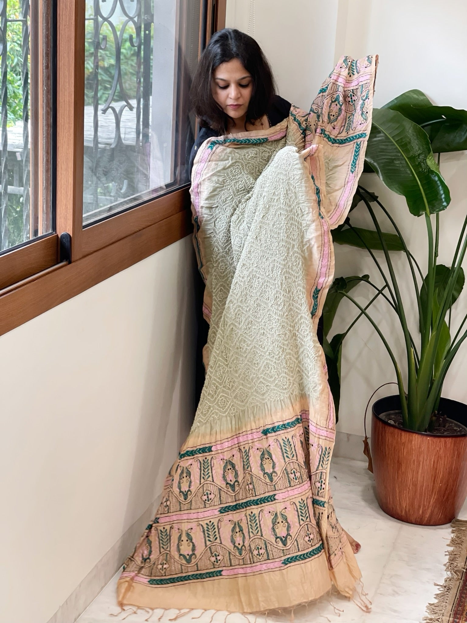 Dusty Green Rai Bandhej Dupatta with Kantha Handwork in Pure Munga Tussar Silk - Masakalee
