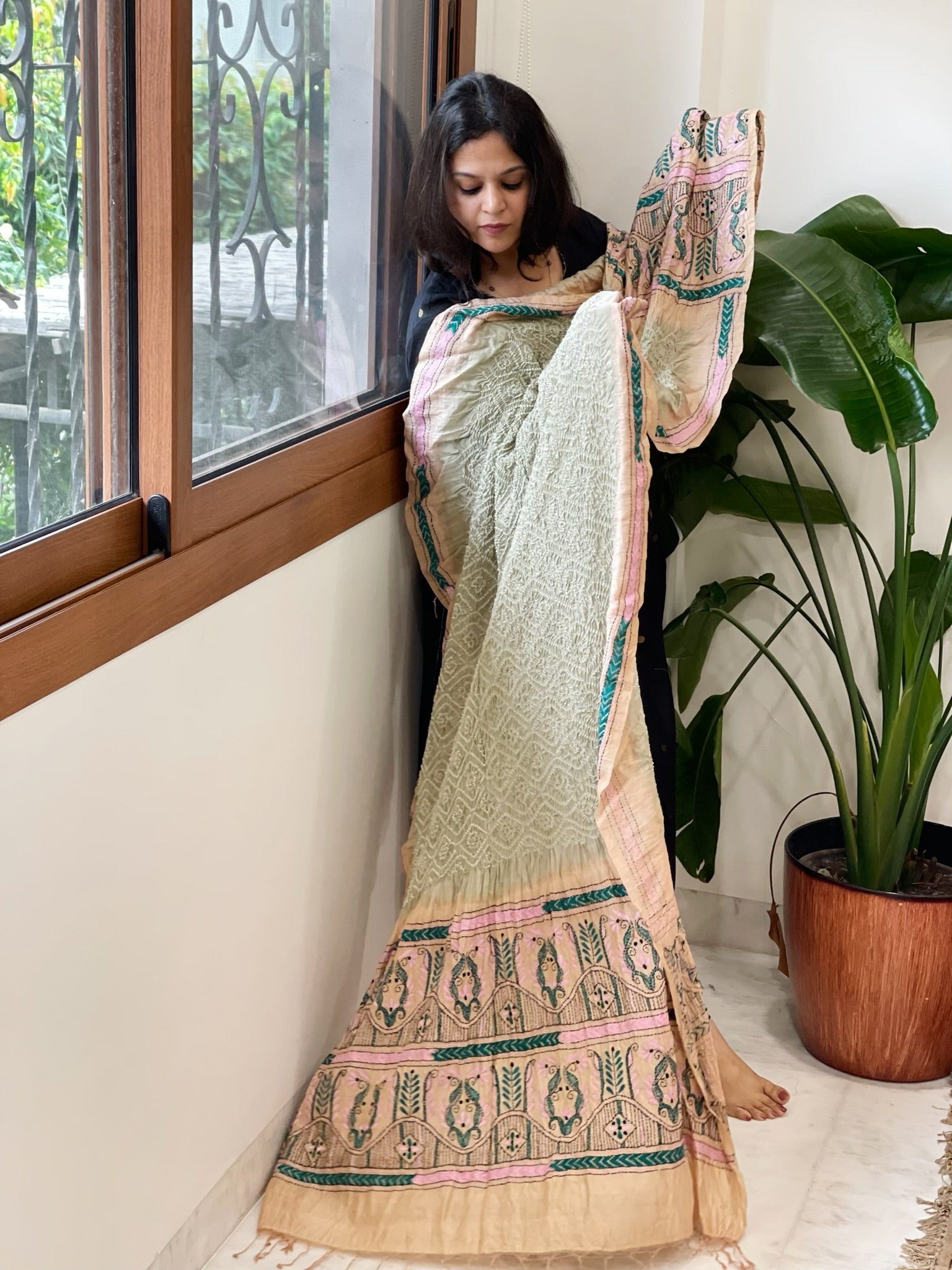 Dusty Green Rai Bandhej Dupatta with Kantha Handwork in Pure Munga Tussar Silk - Masakalee