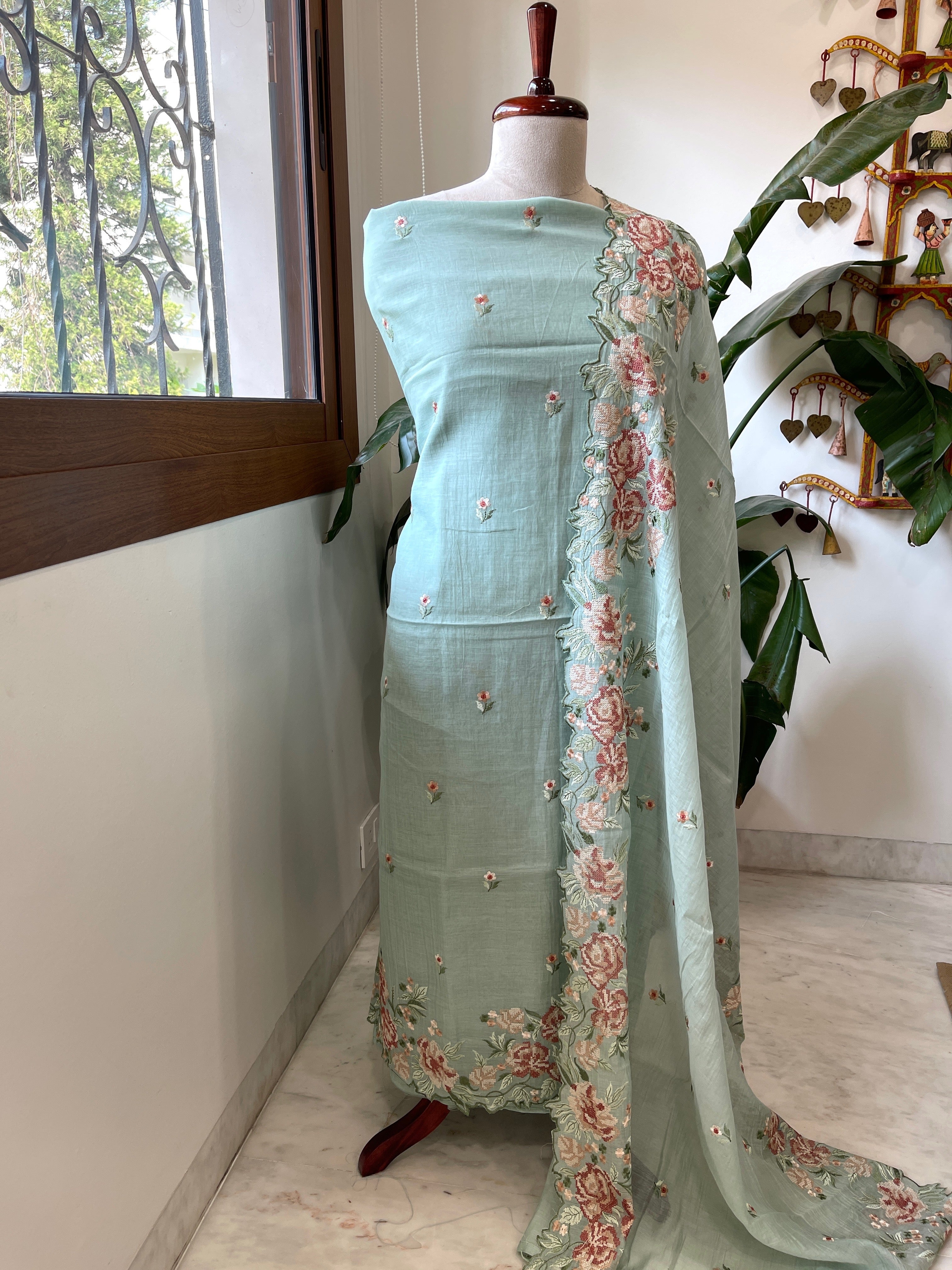 Dusty Green Suit Set with Cross - Stitch Embroidery in Pure Mul Chanderi - Masakalee