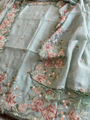 Dusty Green Suit Set with Cross - Stitch Embroidery in Pure Mul Chanderi - Masakalee